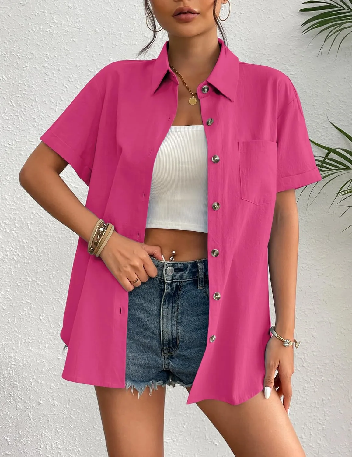 Zeagoo Womens Button Down Linen Shirt Short Sleeve Cotton Blouse Summer Casual Loose Fit Beach Tops S-2XL