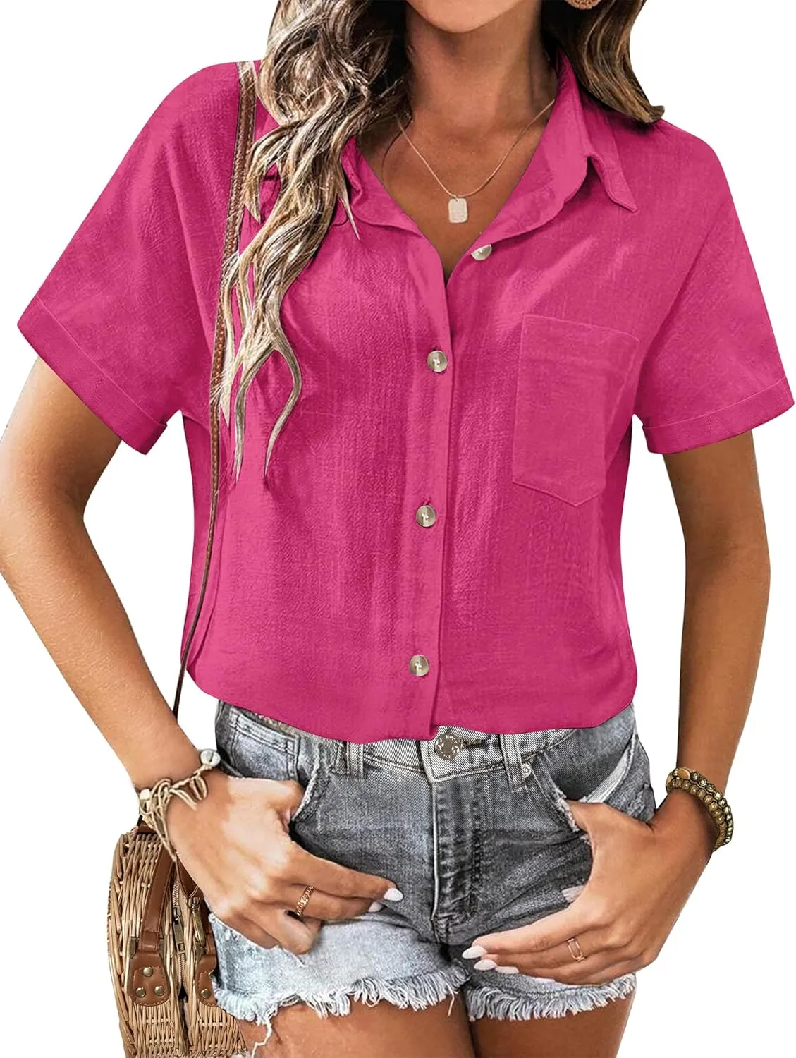 Zeagoo Womens Button Down Linen Shirt Short Sleeve Cotton Blouse Summer Casual Loose Fit Beach Tops S-2XL